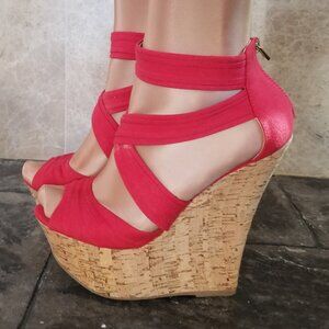 Bright Red and cork platform wedge heels